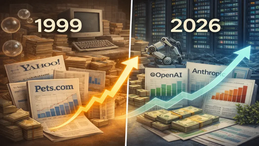 Side-by-side comparison of 1999 dot-com valuations and 2026 AI infrastructure capital architecture