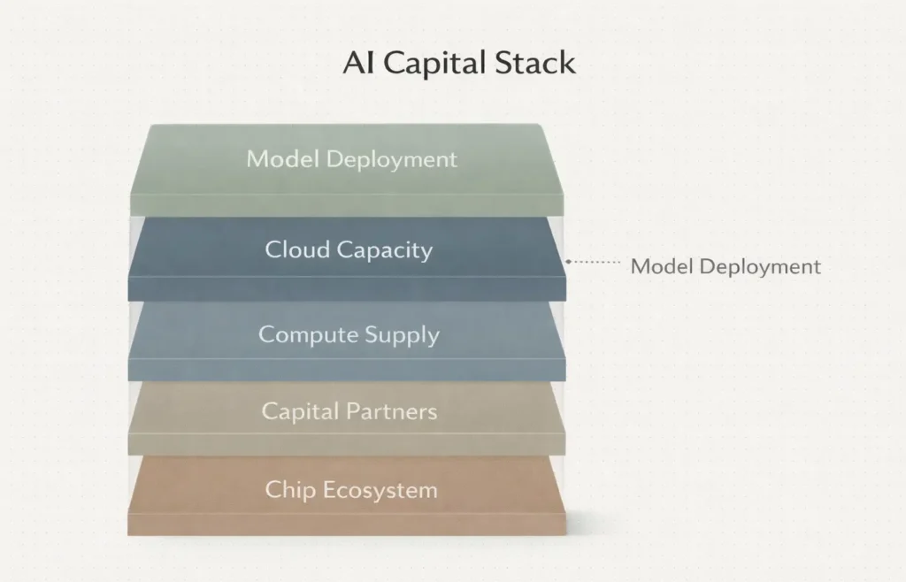 Diagram showing layered AI capital stack including compute, cloud, and investors