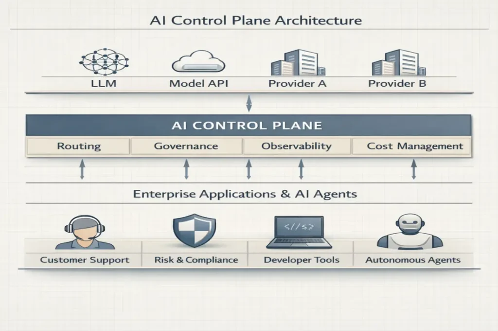 AI control plane architecture diagram showing models, routing layer, governance, observability and enterprise AI applications
