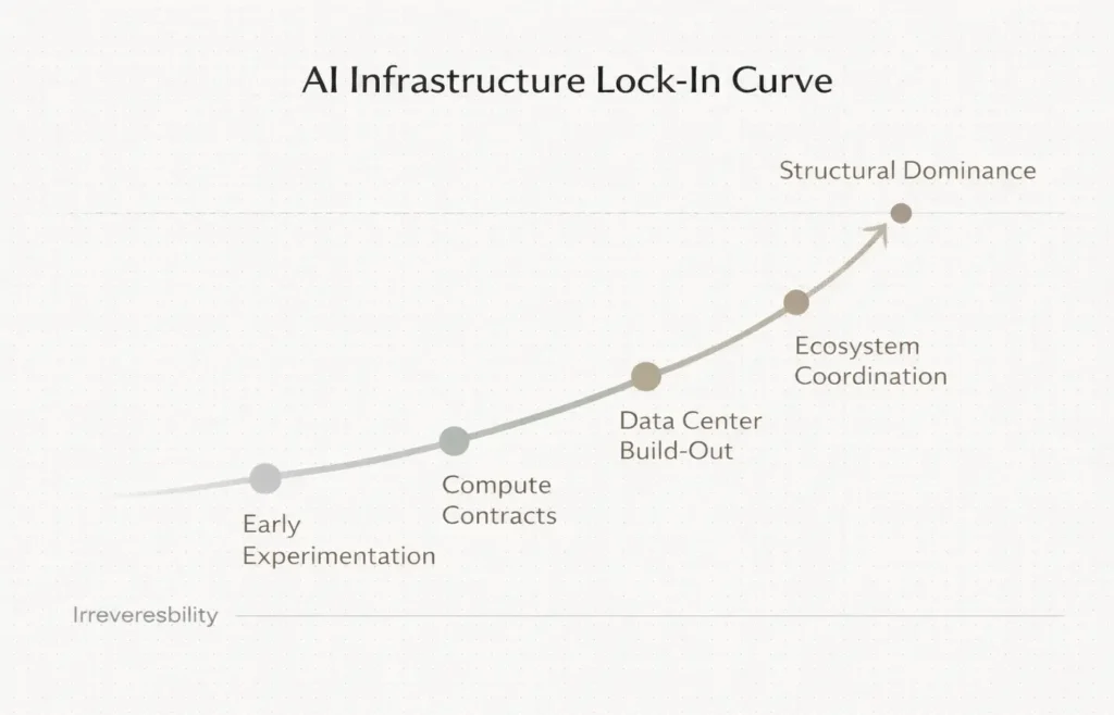 Chart showing progression of AI infrastructure lock-in from compute to ecosystem dominance