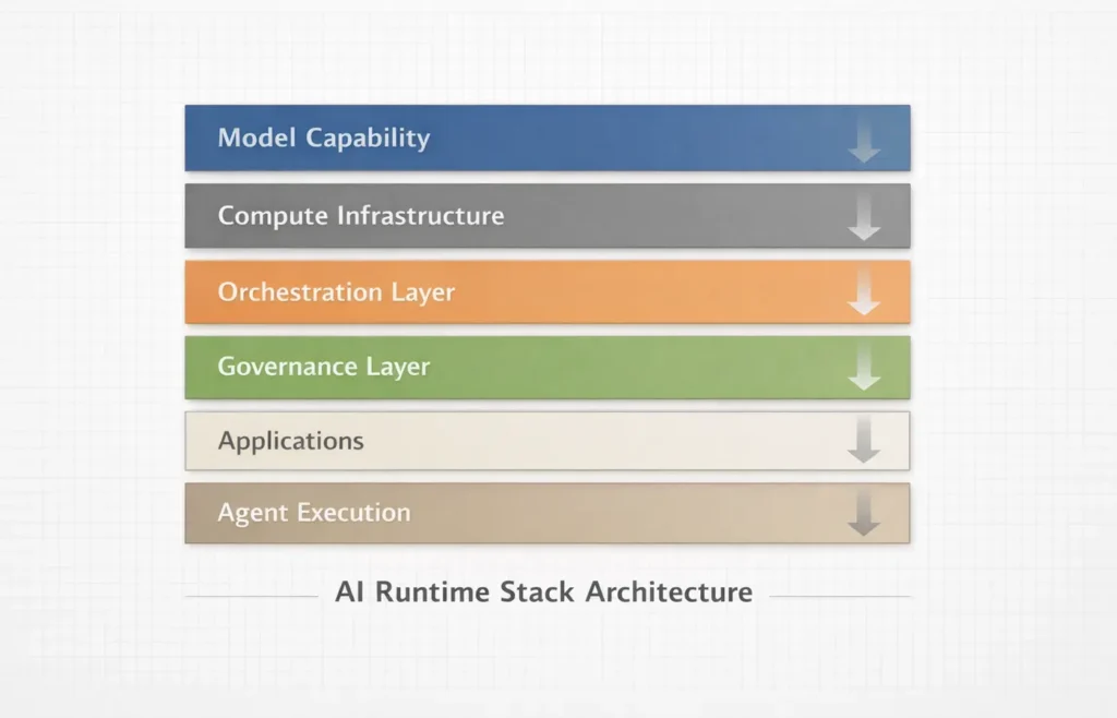 AI stack architecture showing orchestration and governance layers