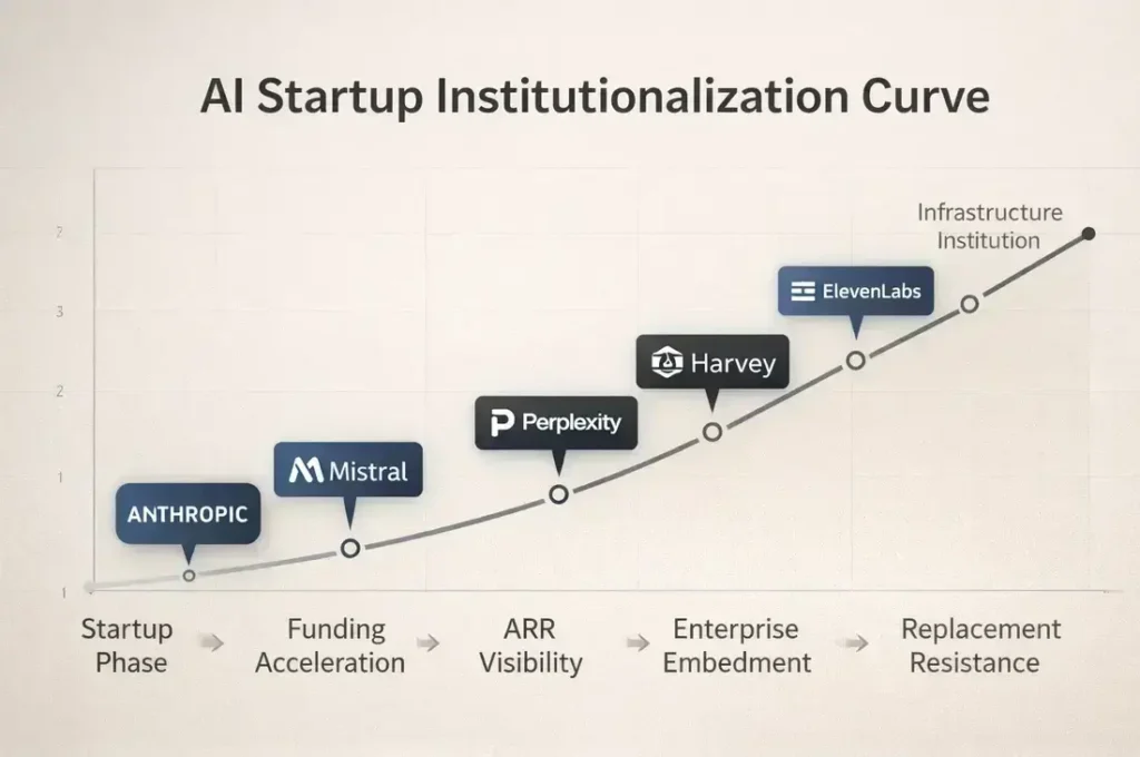 AI startup institutionalization curve showing transition from startup phase to infrastructure institution across Anthropic, Mistral AI, Perplexity, Harvey, Apptronik and ElevenLabs