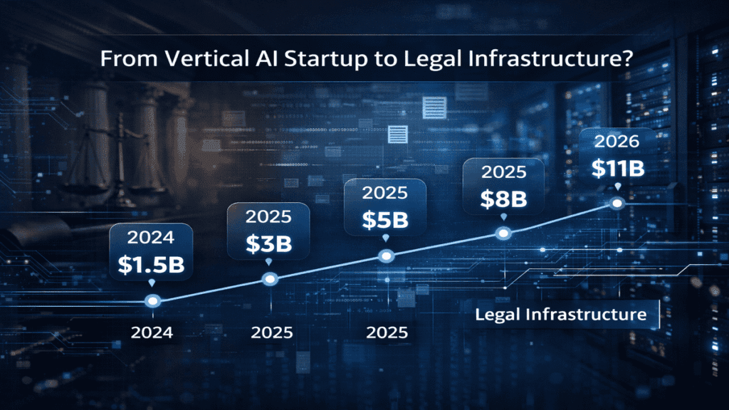 Harvey legal AI valuation timeline from $1.5B to $11B showing vertical AI becoming infrastructure