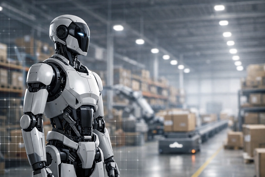 Humanoid robot operating inside a modern warehouse logistics facility