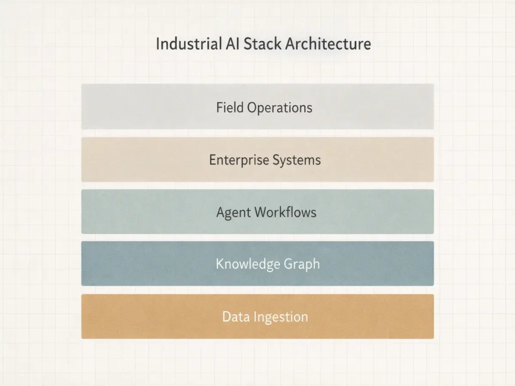 industrial AI stack architecture showing knowledge infrastructure layer between data and agents