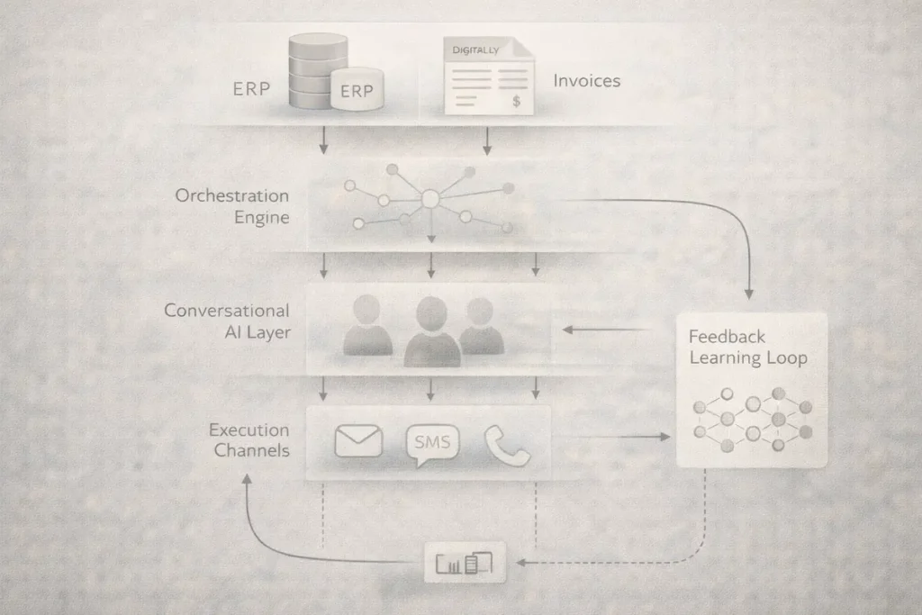 AI agentic finance architecture showing data ingestion, orchestration, conversational AI, and execution layers