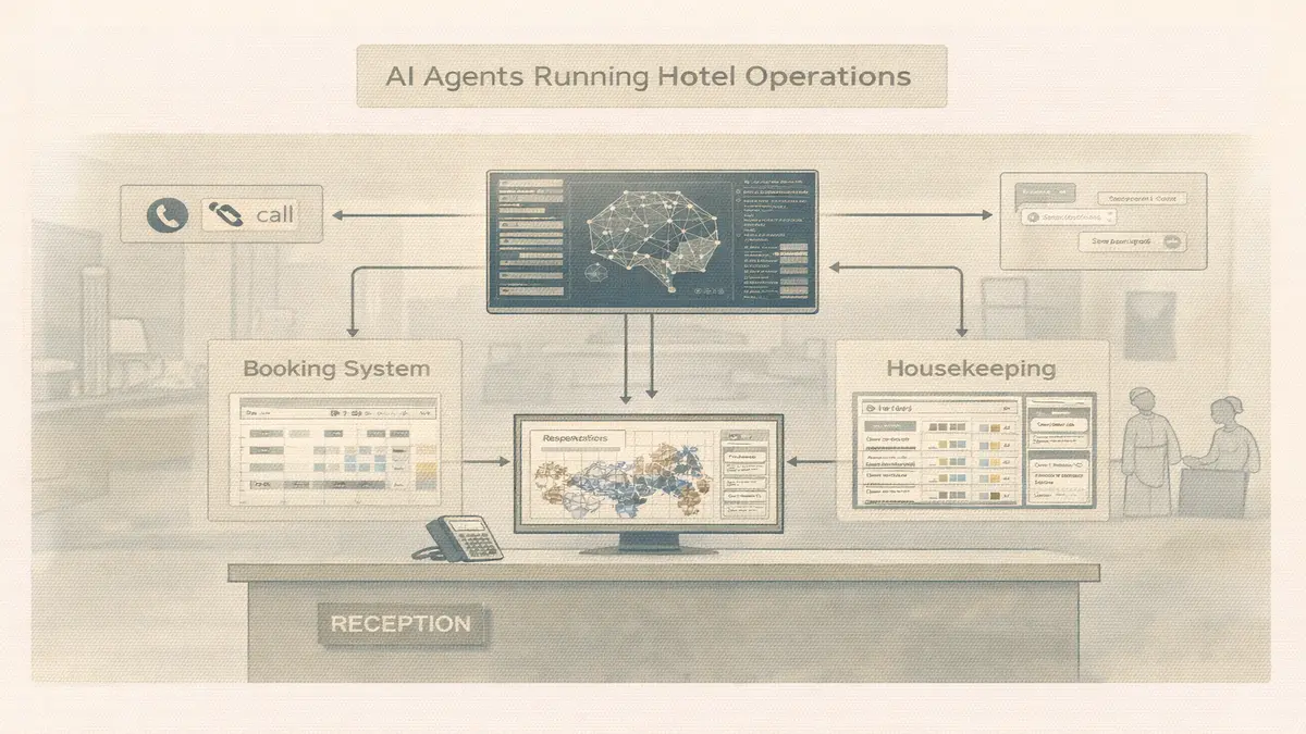 AI agents autonomously managing hotel operations including guest communication, bookings, and task coordination