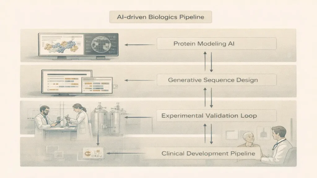 AI biologics pipeline showing protein design, validation loop, and clinical development stages