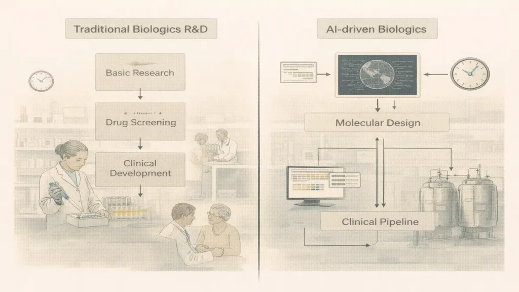 Comparison of traditional drug discovery and AI-driven biologics development workflows