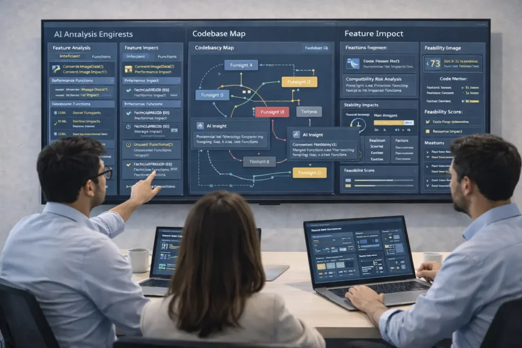 AI analyzing software codebase and feature feasibility for product development