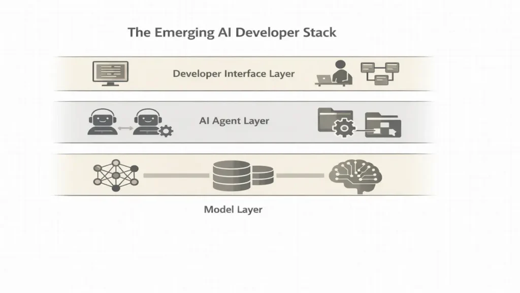 Layered architecture diagram showing model layer, AI agent layer, and developer interface layer in modern AI coding platforms