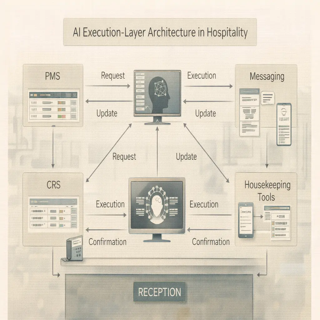 AI execution-layer architecture interacting with hotel systems like PMS and CRS without integrations