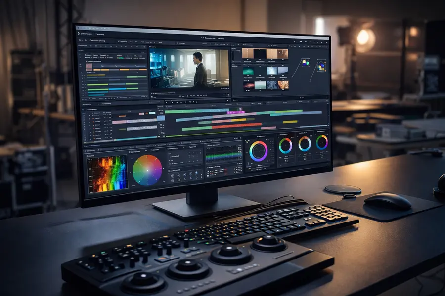 Film editing software timeline and color grading tools used in AI-assisted filmmaking workflows.