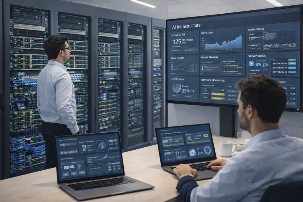 Large AI data center infrastructure with GPU clusters and high-speed networking used for training frontier AI models.