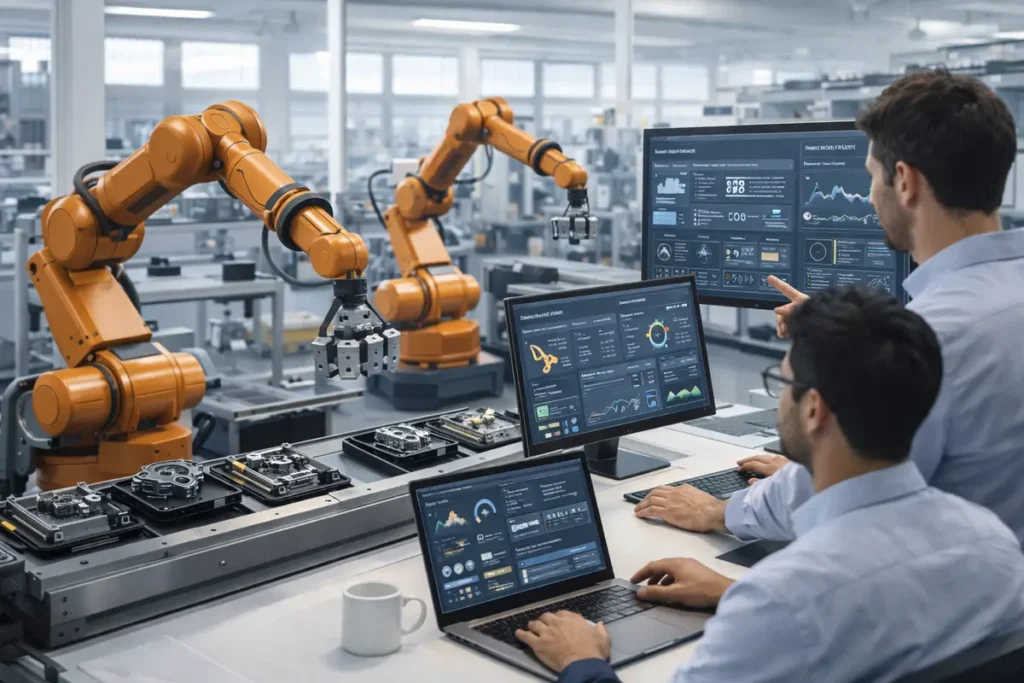 Industrial robotics systems using artificial intelligence to automate manufacturing and logistics operations.