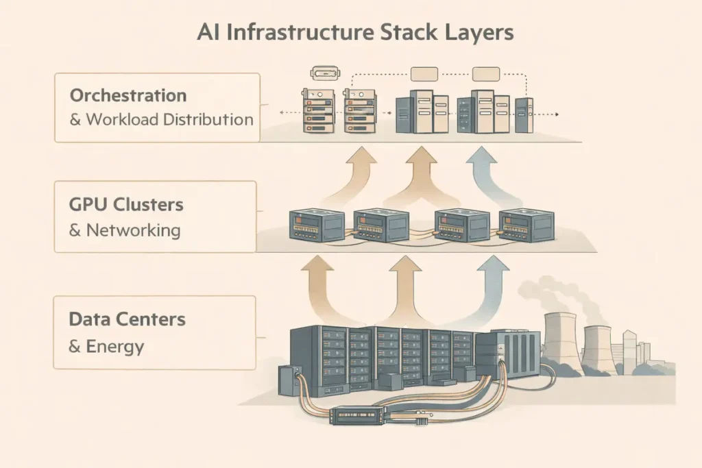 AI infrastructure stack showing compute, networking, and orchestration layers
