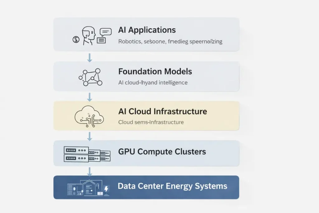 AI infrastructure stack showing models, applications, and GPU compute layers