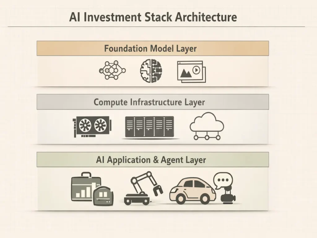 Diagram showing AI investment stack including model layer compute infrastructure and AI application layer