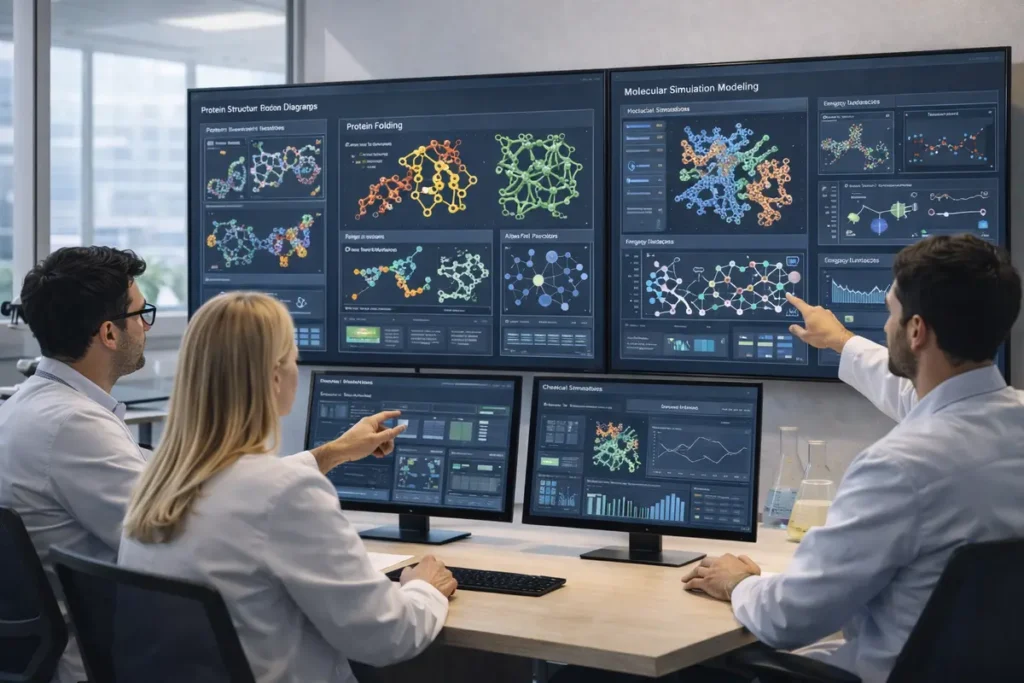 Artificial intelligence models analyzing molecular structures and protein simulations in a computational biology research lab