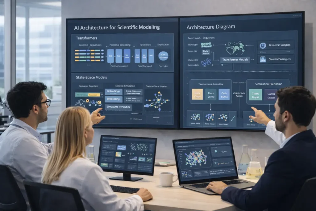 AI architecture diagram showing transformer and state space models used for scientific simulations