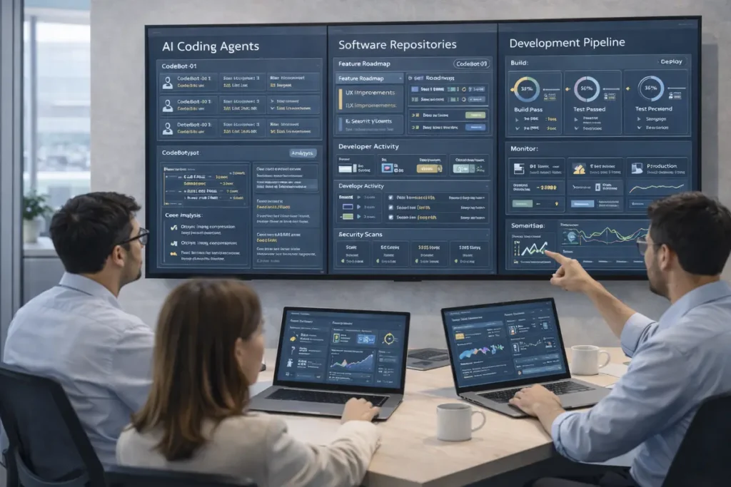 AI software development workflow showing coding agents and automated engineering pipelines