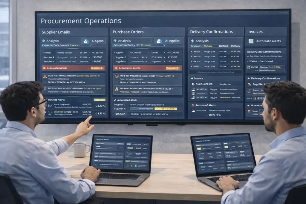 AI system analyzing supplier emails and purchase orders in supply chain procurement dashboard