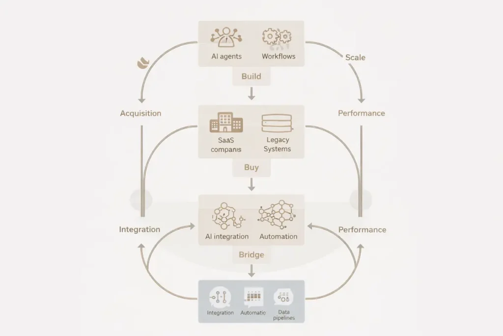 Amity Build Buy Bridge AI roll-up architecture diagram showing acquisition and AI integration workflow