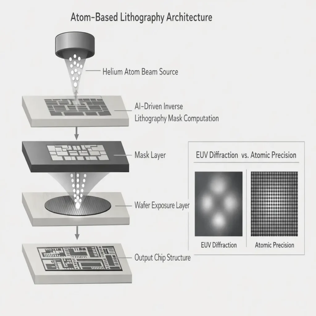 Atom beam lithography architecture showing AI mask computation and helium atom wafer exposure