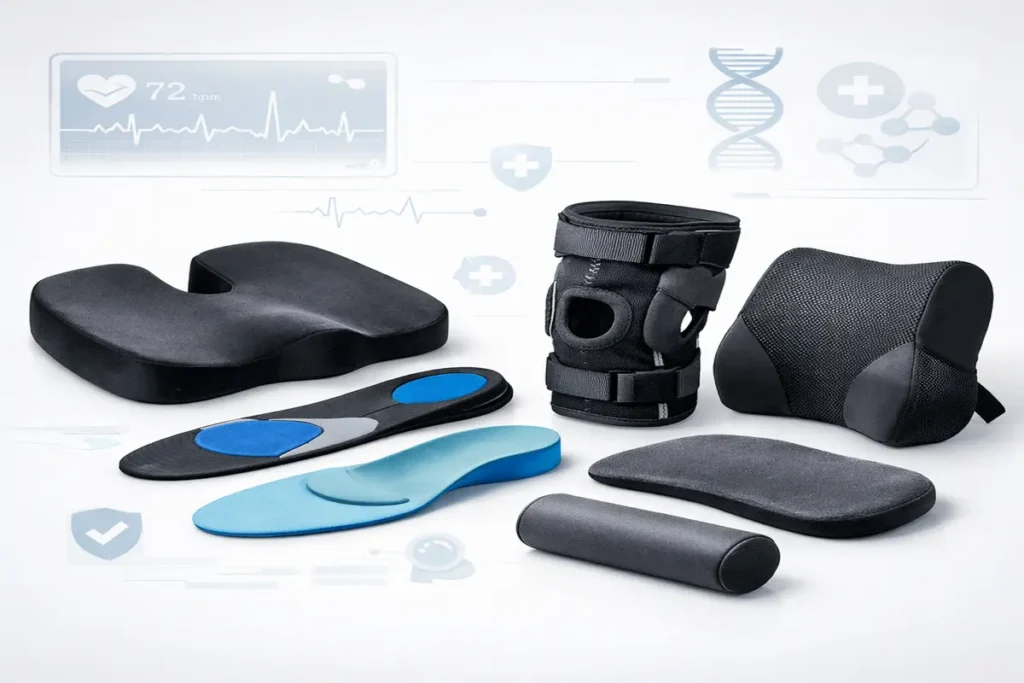 ergonomic wellness products including posture cushions orthotic insoles and knee braces