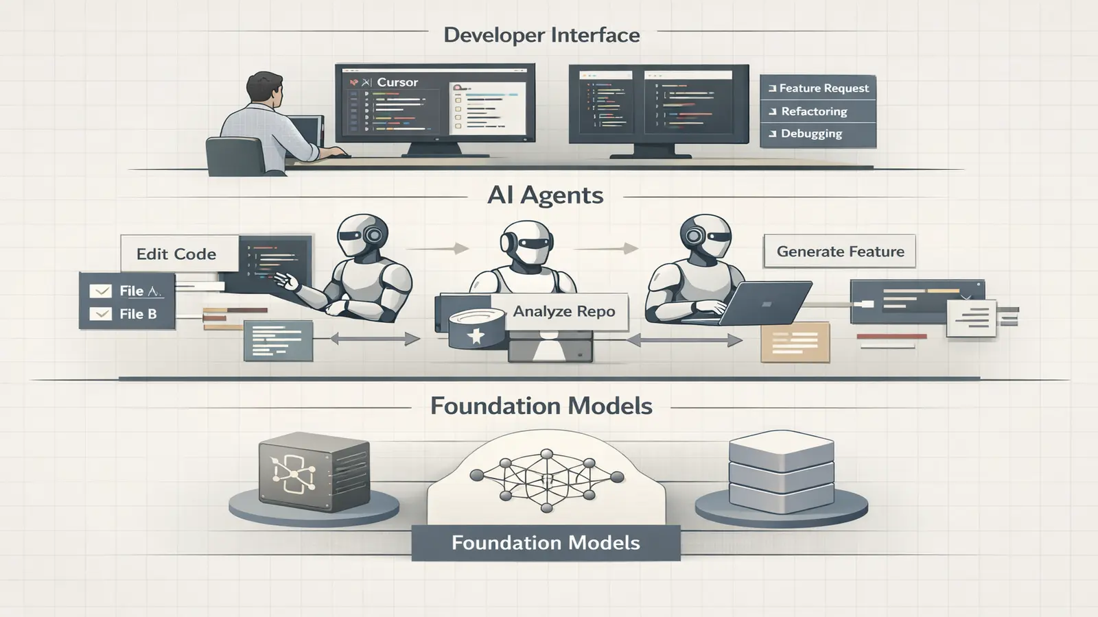 Editorial infographic showing Cursor AI code editor and agentic developer infrastructure transforming software development workflows