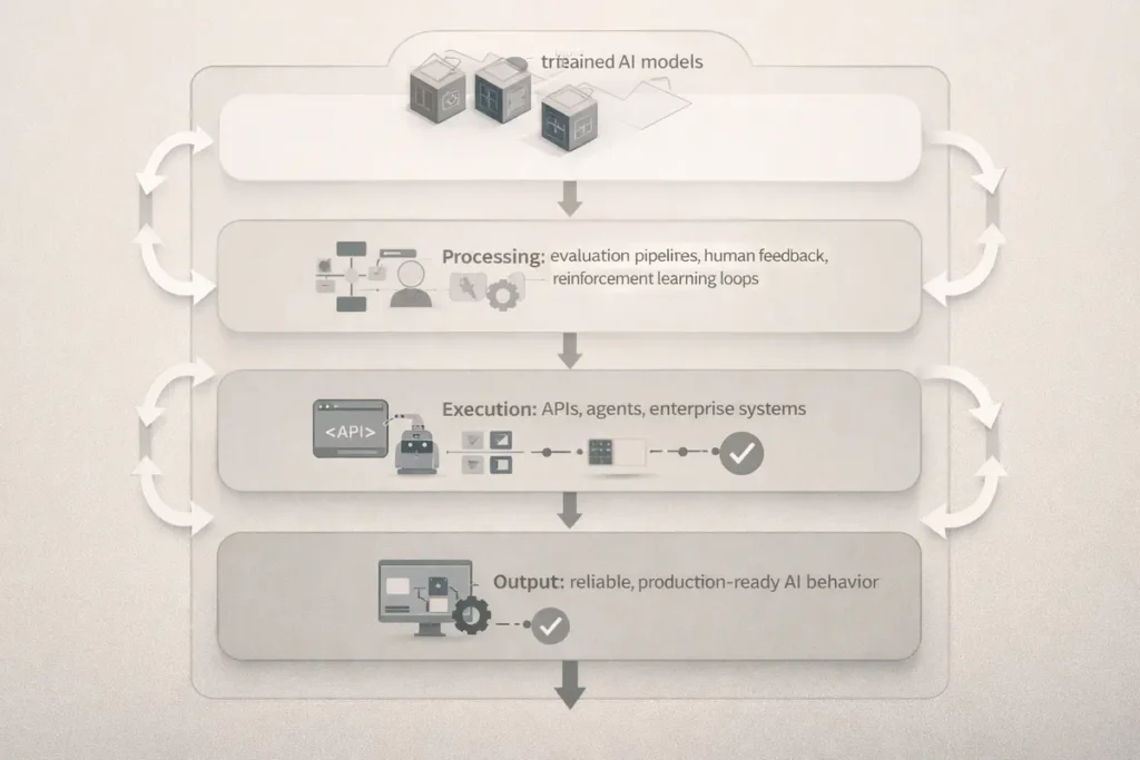 AI post-training architecture showing evaluation pipelines, reinforcement learning, and production deployment systems