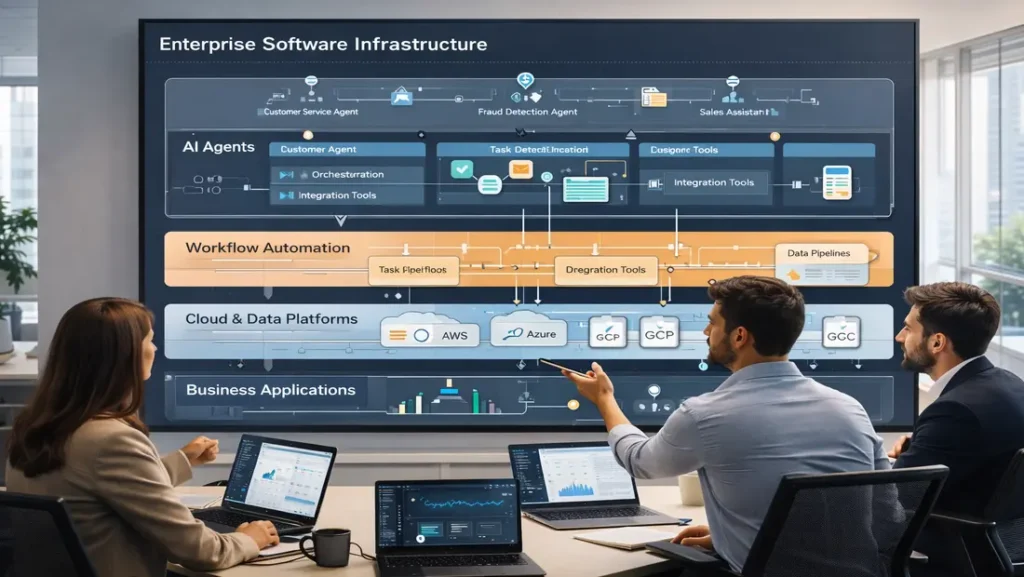 Enterprise AI infrastructure architecture showing automation workflows and AI agent platform layers