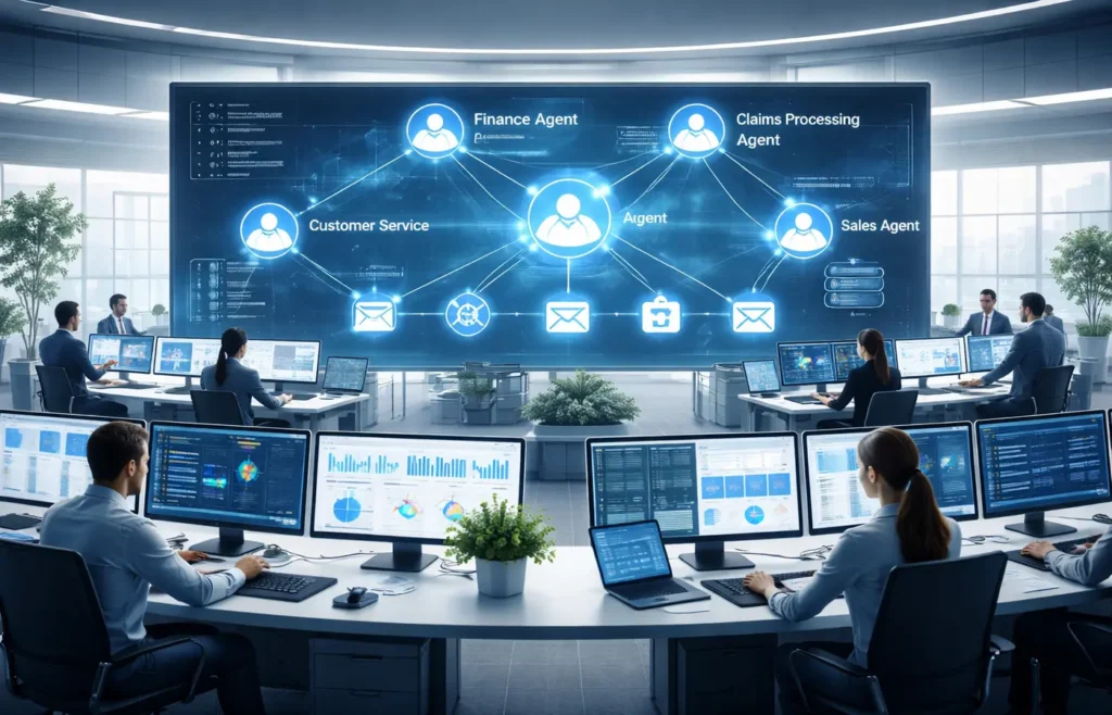 AI agents coordinating enterprise workflow automation across banking, insurance, and customer service systems