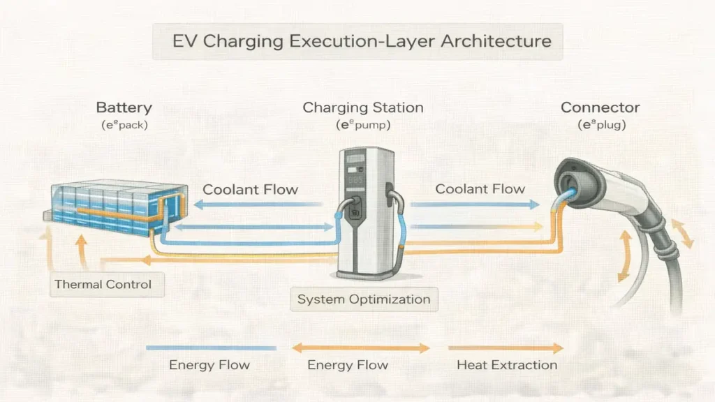 EV charging execution layer system showing battery charger and cooling flow architecture