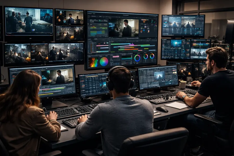 Film production control room with multiple monitors displaying video editing and footage analysis.