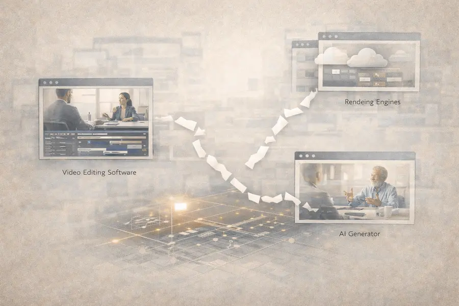 Fragmented AI video workflow showing inconsistency between tools and physics simulation gaps