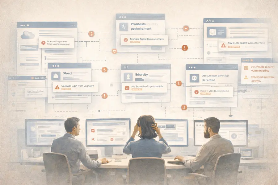 Fragmented cybersecurity systems with disconnected dashboards and alerts across enterprise tools