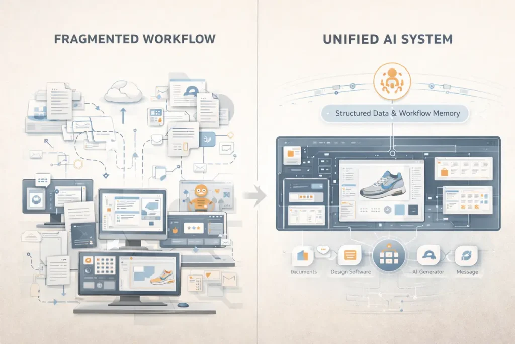 Fragmented creative workflow compared to unified AI-powered workflow system
