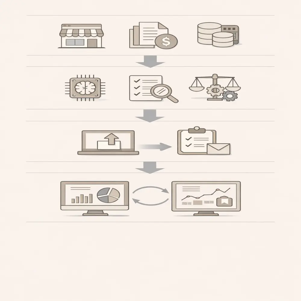 AI deductions management system architecture showing data ingestion, validation, and revenue recovery workflow