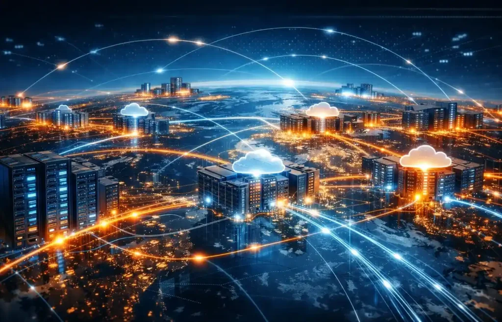 global AI compute infrastructure market showing GPU clusters and AI cloud platforms powering artificial intelligence systems