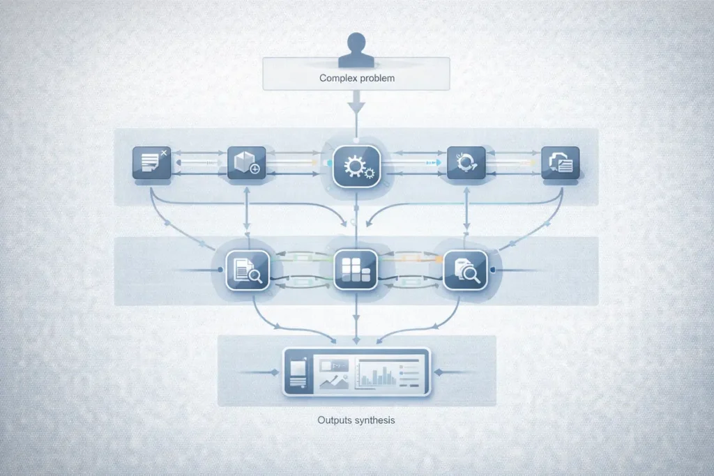 Multi-agent orchestration architecture showing coordination layer and AI agent swarm