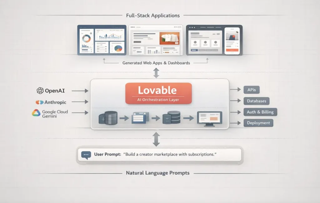 Architecture diagram showing how Lovable converts prompts into deployable software applications