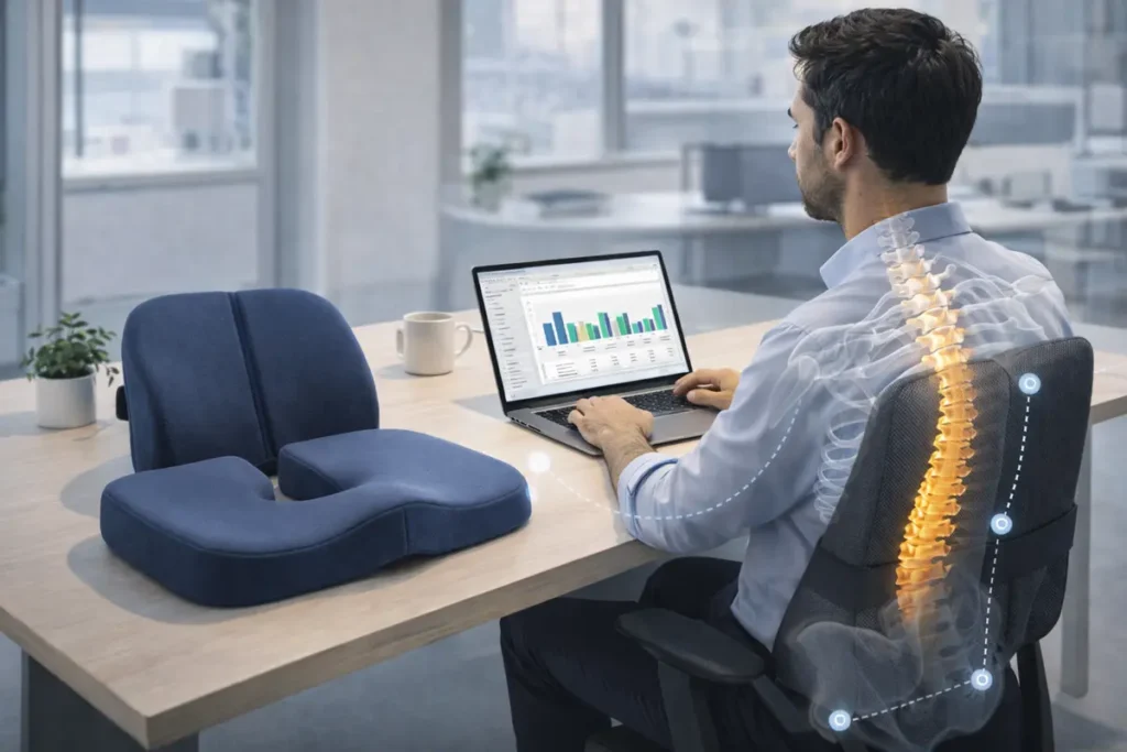 office worker using ergonomic posture support to prevent musculoskeletal pain