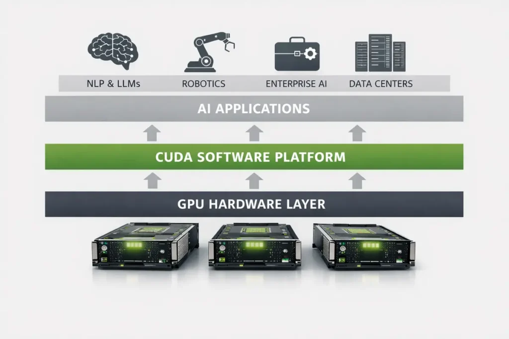 Diagram showing Nvidia GPU hardware, CUDA software platform, and AI applications forming the accelerated computing stack