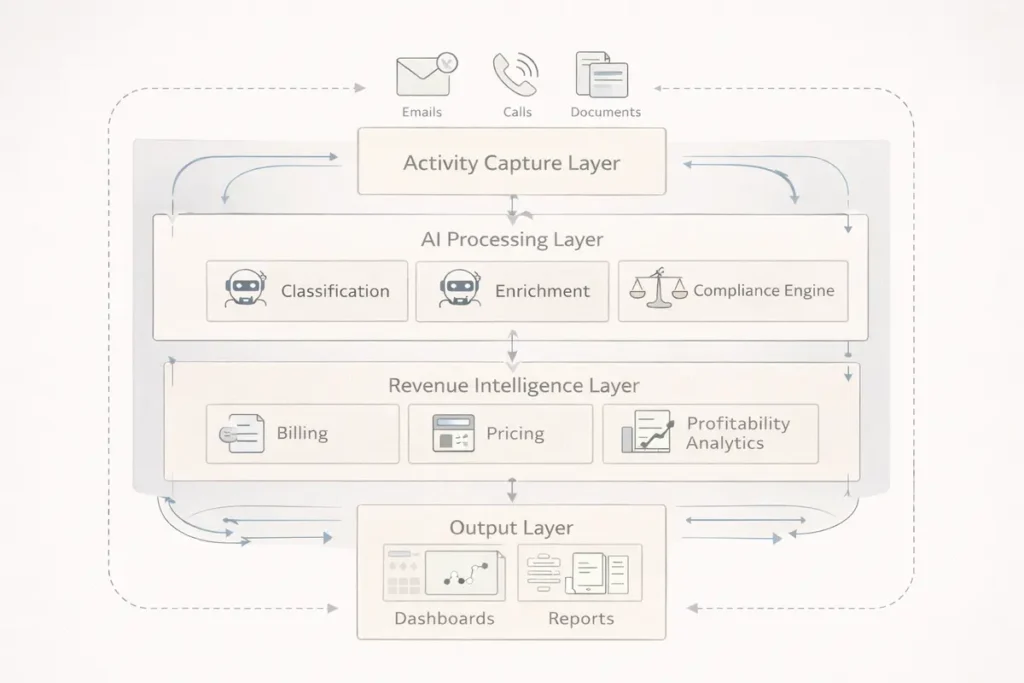 AI legal time tracking system architecture showing data capture and revenue intelligence layers