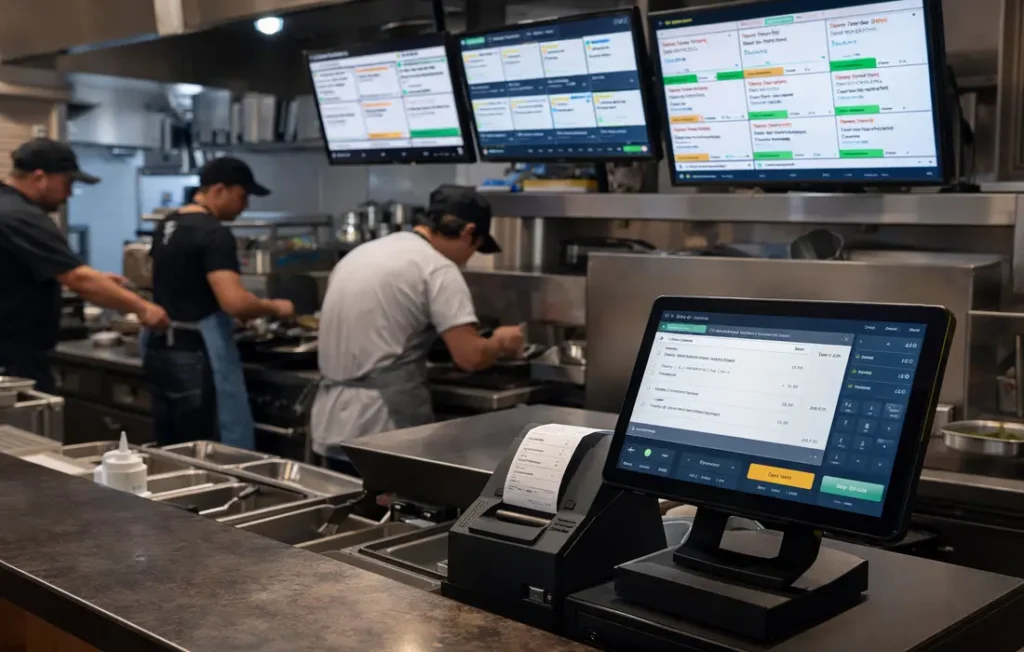 restaurant POS terminal and kitchen display system managing food orders