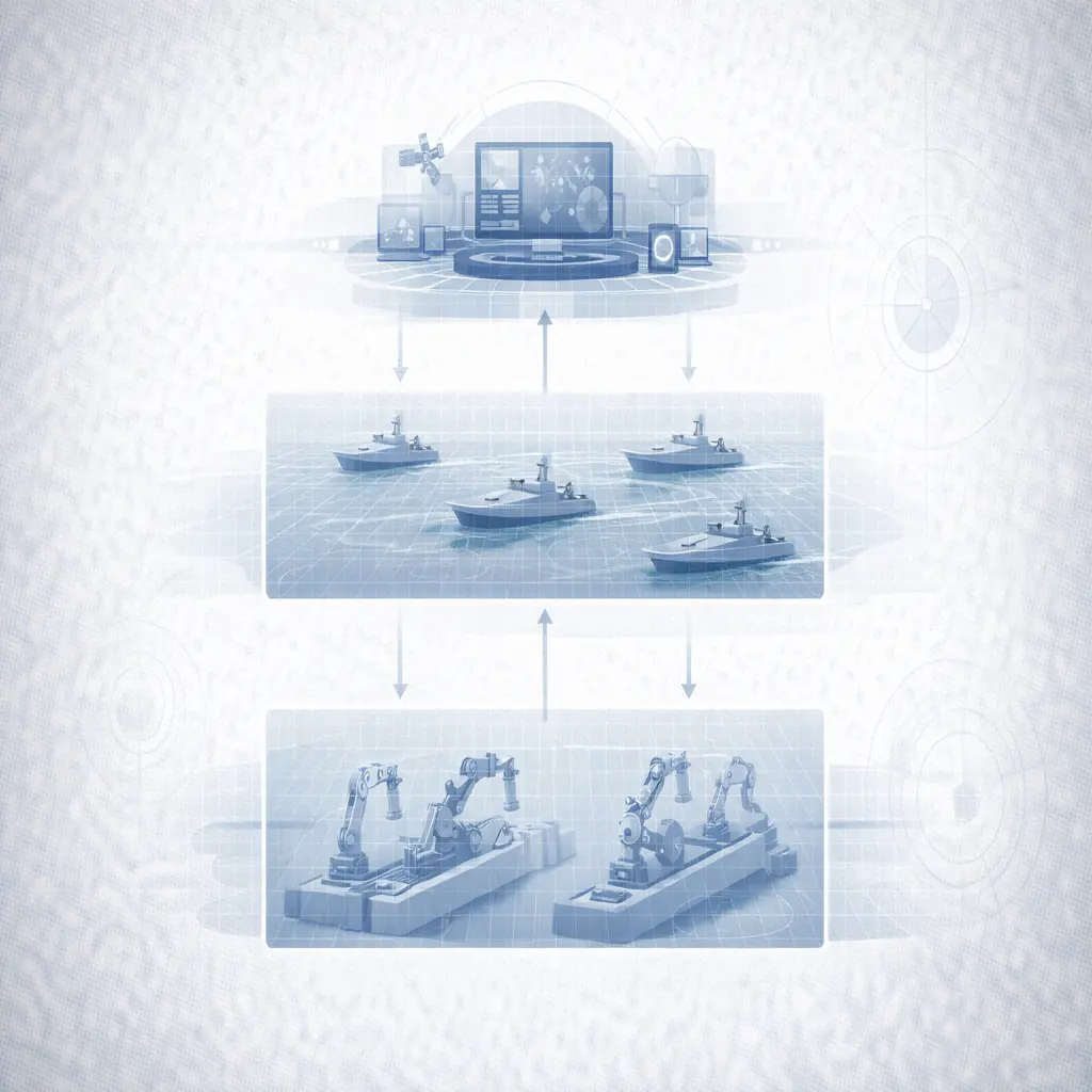 AI command system coordinating autonomous naval fleet architecture