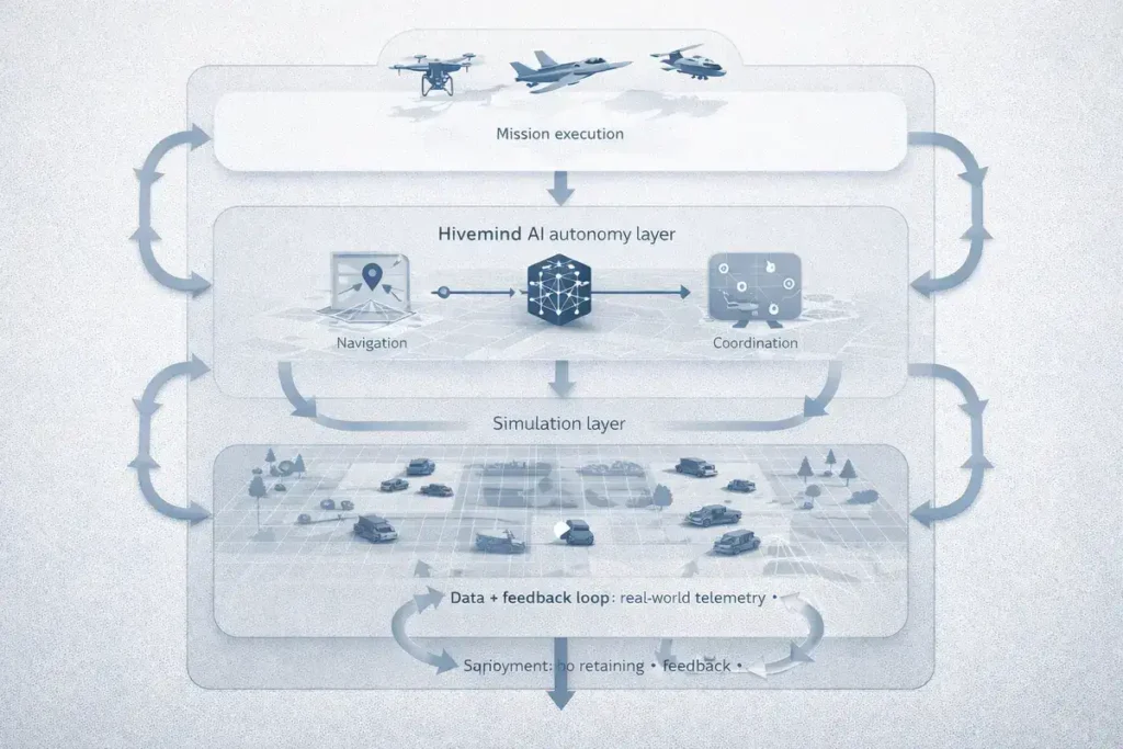 Autonomous warfare AI architecture showing simulation training and real-world deployment loop