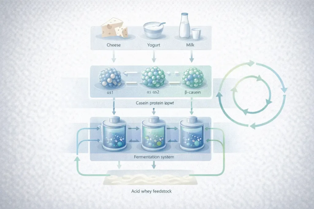 Casein production architecture using precision fermentation and whey feedstock