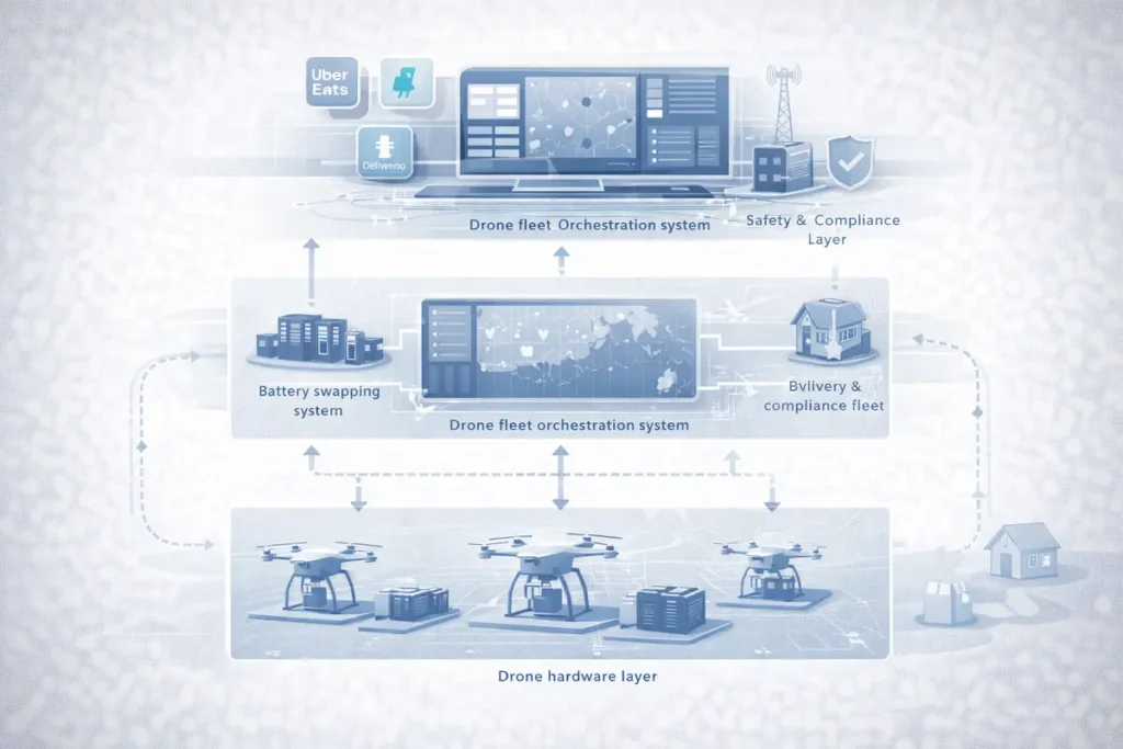 Drone delivery system architecture showing fleet orchestration and logistics layers